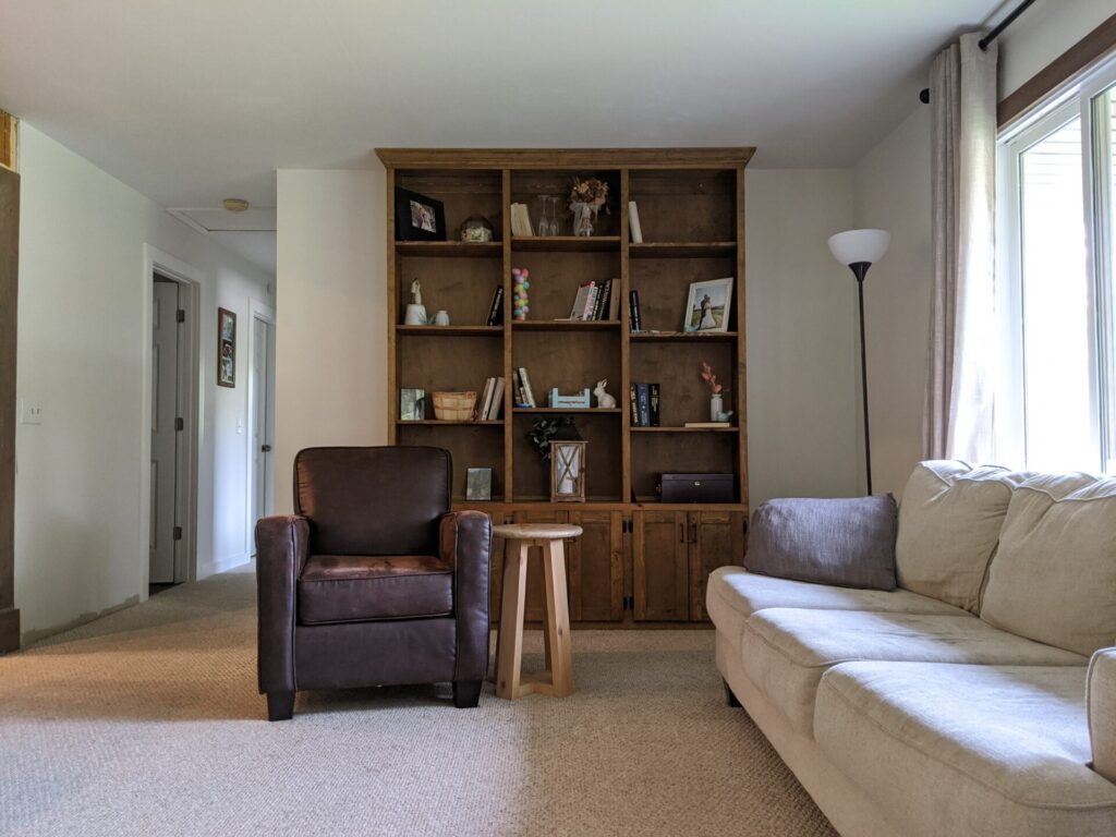 small living room before with bookshelf